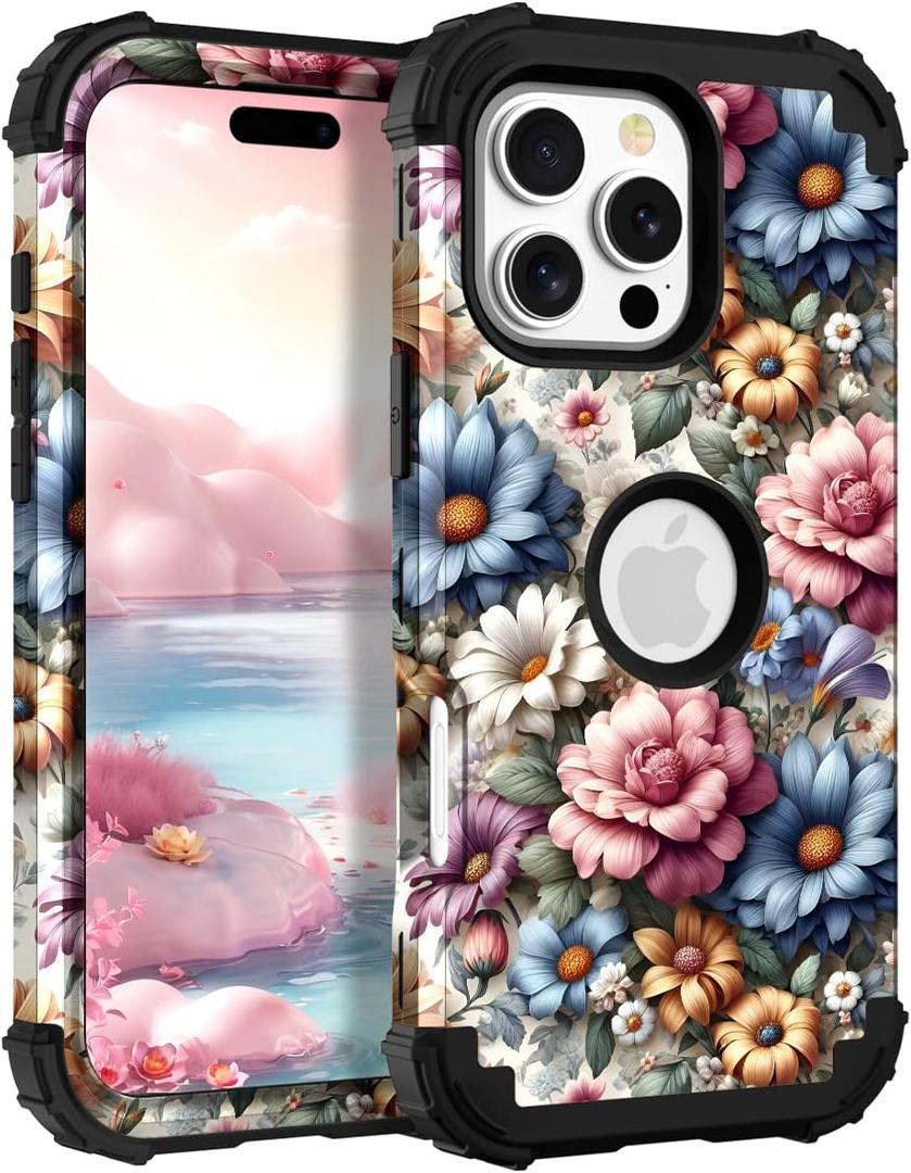 TEECOVER for iPhone 16 Pro Case, Heavy-Duty Shockproof Full Protection Hard Plastic Bumper + Soft Silicone Rubber Protective Case for iPhone 16 Pro - 6.3-Inch, Pink/Blue Flowers