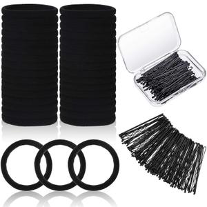 60 Black Seamless Hair Ties and 60 Black Bobby Pins with Box for Thick, Heavy, and Curly Hair - No Metal Ponytail Holders for Girls and Women