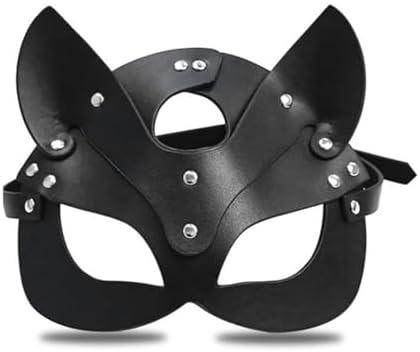 Cat Woman Eye Cover for Adults Women, Black Faux Leather Cat Ear Headpiece with Adjustable Strap, Halloween Cosplay Masquerade Costume Accessory for Party and Roleplay Outfits