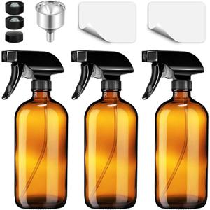 3 Pack Glass Spray Bottles 16 oz, Trigger Empty Spray Bottles Refillable with Funnel, Bottle cap, Labels for Cleaning Solutions, Plants, Essential Oils (3Pcs (Amber))