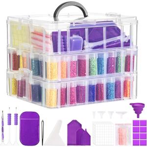 QUEFE 3-Tier Diamond Painting Storage Container, 100 Slots Clear Stackable Bead Organzier with Diamond Painting Accessories and Tools for DIY Diamond Art Craft Jewelry Bead Storage