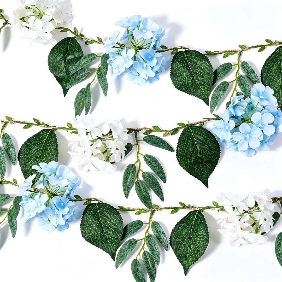 2 Pack Flower Garland, 6.6 FT Artificial Floral Vine with Burlap Rope, White and Blue Hanging Flower Garland for Blue Party, Baby Shower, Wedding, Bridal Shower, Wall Backdrop