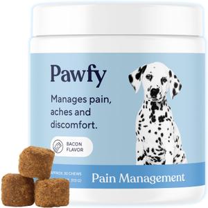 Pawfy Advanced Pain Management - Essential Vitamins & Supplements with Omega 3 |Joint Supplement for Dogs - Supports Hip & Joint Health for Small, Medium, Large Breeds | 30 Fast-Acting Chews, Best by: 10-2026