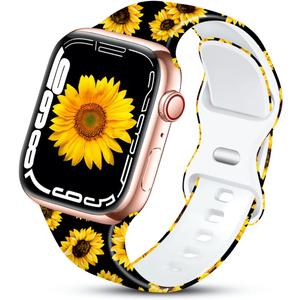 Sport Band Compatible with Apple Watch Bands 49mm 45mm 44mm 42mm 41mm 40mm 38mm Women, Silicone Floral Printed Fadeless Pattern Design Strap for iWatch Series 9,8,7,6,5,4,3,2,1,SE