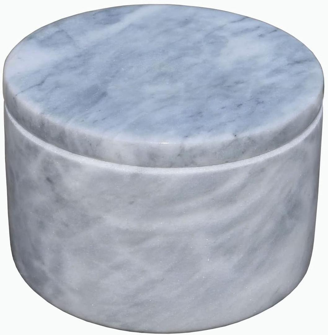 HillSpring Marble Salt Cellar with Lid and Wooden Spoon, 4" Handcrafted Spice Pepper Herbs Box (Gray)