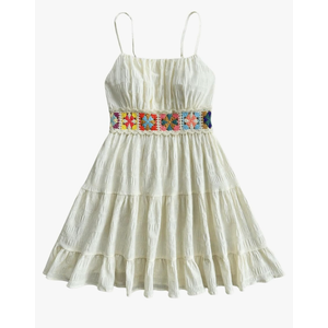 MakeMeChic Women's Floral Crochet Shirred Mini Dress Spaghetti Strap A Line Cami Dresses
size S