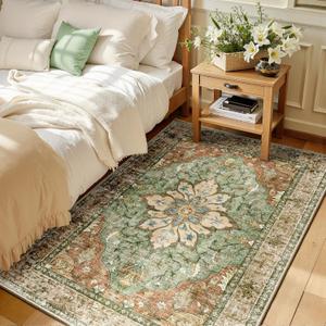 RELEANY Area Rugs 3'x5' Washable Non-Slip, Floral Vintage Distress Print Pattern Medallion Carpet for Living Room Bedroom Dining Room, Brick Red Rust Neutral Brown Burnt Orange Green