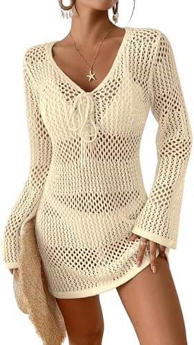 Bsubseach Women Swimsuit Crochet Coverup Long Sleeve V Neck Beach Knit Bathing Suits Cover Ups Mesh Bikini Hollow Out Dress, Size M