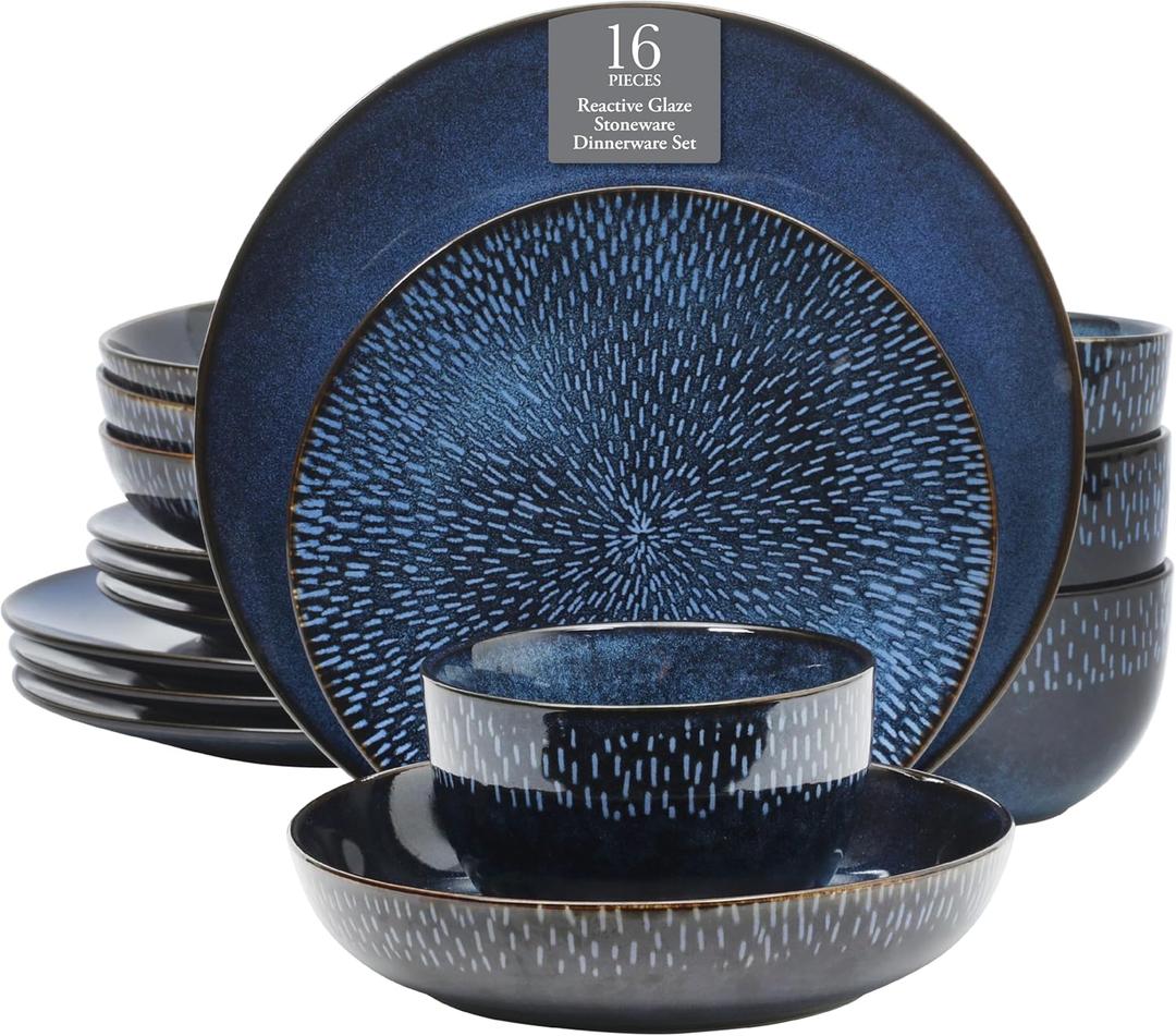 Gibson Elite Matisse 16 Piece Double Bowl Dinnerware Set, Cobalt Blue, Service for 4 (16pcs)