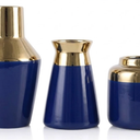 3 Piece Wide Mouth Vase Set for Table Centerpiece, Ceramic Blue Gold Flower Vase for Pampas Grass Decor, Glossy Gold Unique Vases for Bathroom Fireplace Top Shelf Entryway Decorative