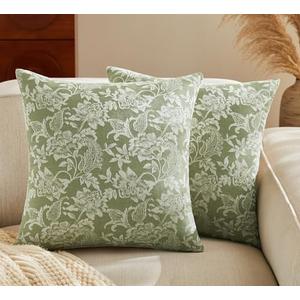 YZJZEDS Floral Jacquard Throw Pillow Covers Set of 2, Background/Green 18x18 Inch, Farmhouse Decorative Cotton Sage Green Cushion Covers for Sofa Bed Living Room Home Decor