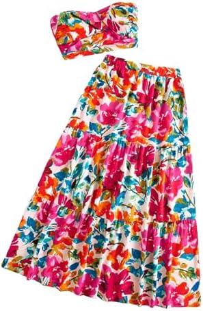 SOLY HUX Women's Boho 2 Piece Outfits Floral Print Colorful Tube Top and Ruffle Hem Maxi Skirt Set, (Multicoloured Floral, XS)
