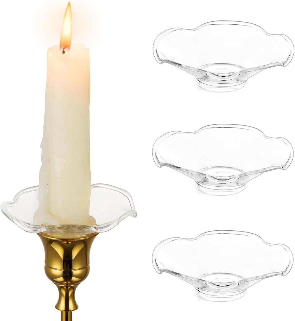 Hewory Glass Bobeches for Candlestick Holders, 3 PCS Candle Drip Protectors Candle Rings for Tapers, Candle Drip Catcher for Candle Stick Candle Holder for Wedding Party Church Home (Scallop, Clear)