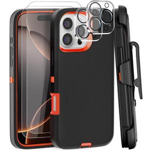 Case for iPhone 16 Pro Case 6.3" Belt-Clip Kickstand Holster with 2 Screen Protector + 2 Camera Lens Protector,Full Body Heavy Duty Military Grade Drop Protection Cover (Black Orange+Clip)