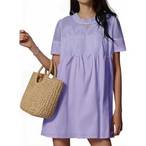 Wenrine Womens Lace Mini Dress Summer Short Sleeve Crewneck Sheer Mesh Casual Loose Ruffle Babydoll Dresses (Large, Light Purple)