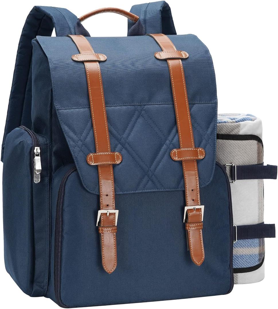 Picnic Backpack for 4 Person with Large Insulated Cooler Bag, Picnic Basket Set with Wine Pouch, Waterproof Picnic Blanket & Cutlery Set. Perfect for, Camping, Party,Wedding Gift for Couple,Blue