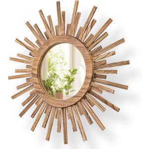24 Inch Boho Sunburst Mirror, Round Wooden Wall Decor Starburst Sun Mirror for Bedroom, Living Room, Bathroom, Hallway, Balcony, Farmhouse Entryway, Housewarming Gift（Rustic Brown), Wood Color, 24"L x 24"W