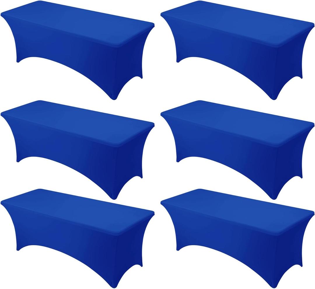 6-Pack Premium Royal Blue Spandex Tablecloths for 8ft Rectangle Tables, Stain & Wrinkle-Resistant, Washable Stretch Polyester Fitted Table Cover for Weddings, Banquets, Trade Shows Events