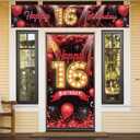 Happy 16th Birthday Door Cover Porch Banner Sign Set - 16 Years Old Birthday Decoraions Party Supplies for Women Men - Red