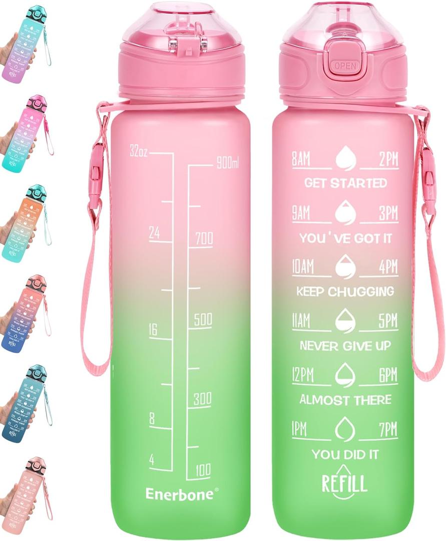 Enerbone 32 oz Water Bottle with Times to Drink and Straw, Motivational Drinking Bottles Carrying Strap, Leakproof BPA & Toxic Free, Ensure You Enough for Fitness Gym Outdoor Watermelon
