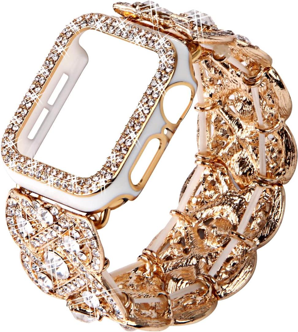 Bling Band with Case Compatible with Apple Watch Band 38mm 40mm 41mm 42mm 44mm 45mm for Women, Luxury Dressy Metal Strap with Diamond Rhinestone Bracelet Wristband for iWatch SE Series 7 6 5 4 3 2 1 (Gold)