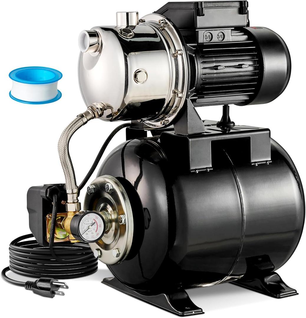 1.6HP Shallow Well Pump with Pressure Tank, 1320 GPH Water Pressure Booster Pump, Maximum Head 164FT Automatic Shallow Well Jet Pumps for Home Irrigation Sprinkler Garden Lawn