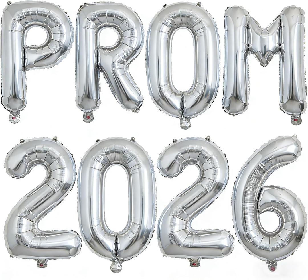 2 x VHUWE Silver PROM 2026 Balloons, 32 Inch Foil Prom 2026 Balloon Banner for Promenade Graduation Decorations 2026 Congratulations Balloons Graduation Party Decorations