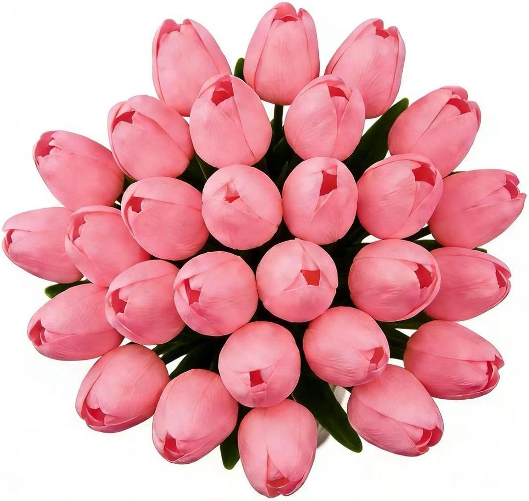 28 Pcs Artificial Tulips, 13.5 Inches PU Faux Tulip Flowers for Spring Easter Celebration Mothers Day Brunch Table Decor (Pink)