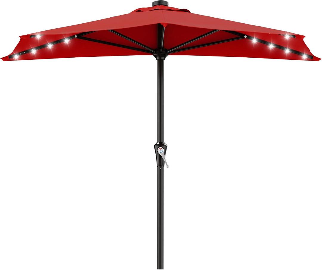 AreShark 9ft Patio Half Umbrellas with Solar Lights, 1/2 LED Half Outdoor Umbrella w/ 20 LED Lights, Lighted Table Wall Umbrella with Crank & 5 Sturdy Ribs for Market, Pool, Deck, Lawn and Garden, Red