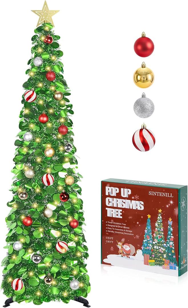 5 FT Pop Up Christmas Tree with Timer Lights and Decorations, Green Artificial Tinsel Christmas Tree with 24 Ball Ornaments, Collapsible Pencil Tree for Home, Office, Holiday Party