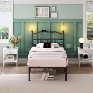 Twin XL Bed Frame with Headboard, 14 inch Metal Bedframe with Entertainment Night Lights, Outlets & USB, Heavy Duty Basic Steel Slats Platform, Noise Free