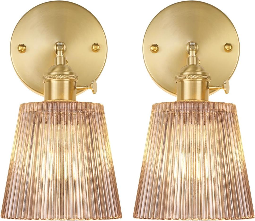 Vintage Wall Sconces Set of 2 with Amber Stripe Glass Lampshade 180 Degree Adjustable Brass Sconces Hradwired Modern Wall Lighting Fixture with Switch for Bedside Bedroom Doorway (Hardwired (2 pack))