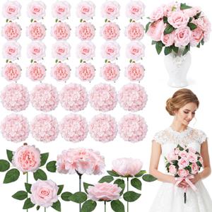 Suncalla 60 Pcs Assorted Silk Artificial Flowers, Faux Fake Full Hydrangea Peony Rose Bouquet with Leaf Stem for Wedding Centerpiece Bridal DIY Craft Baby Shower Party Decor(Pink)