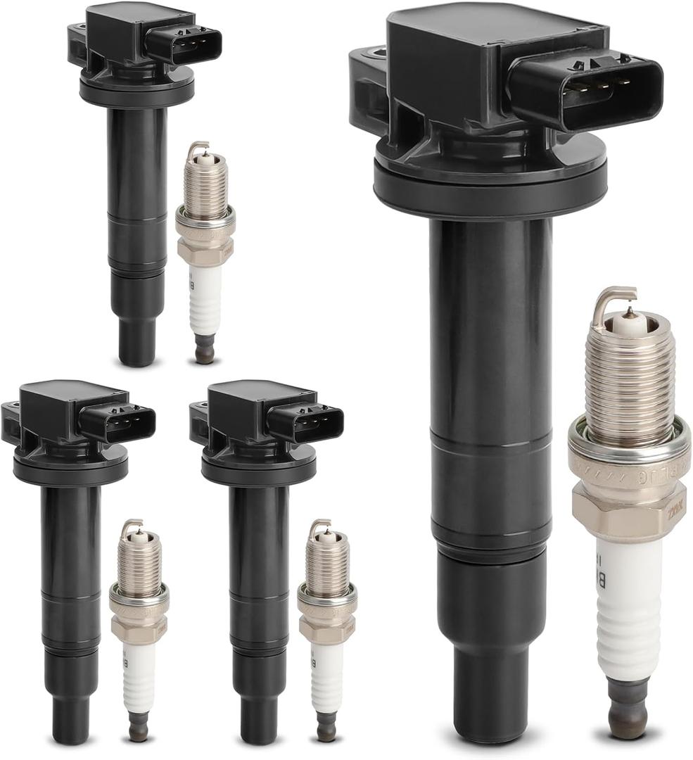 UF316 Ignition Coil Pack & 7090 Double Iridium Spark Plugs - Compatible with Toyota Prius, Prius C, Yaris, Echo, Scion xA, xB - Set of 4