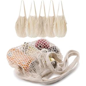 5 pack Cotton String Shopping Bags Reusable Washable Grocery Mesh Bags Organizer for Grocery Shopping Produce Net Bags with Longhandle for Fruit Vegetable Storage (Biege)
