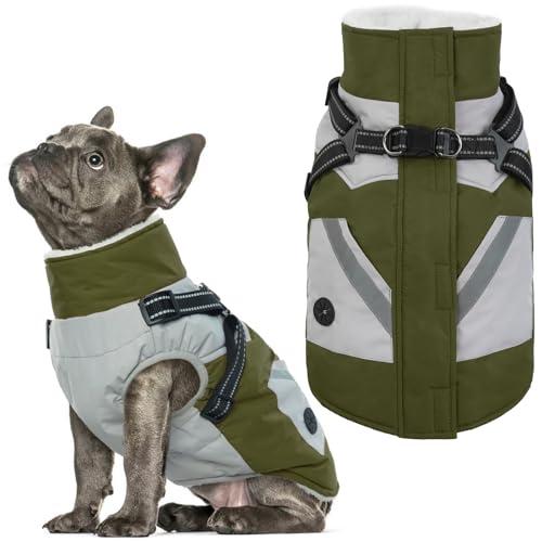 IECOii Dog Coat with Harness Built in - Green, Large - Waterproof Winter Coat, Fleece Lined Snow Jacket for Dogs XL