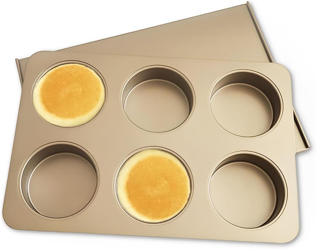 6 Cup Muffin Top Pan for Baking, Nonstick Hamburger Bun Pan, Straight Side English Muffin Cupcake Pans with Lid, Jumbo Muffins Pans for Baking Egg Sandwich Quiche Pancake, Gold (Round Shape)
