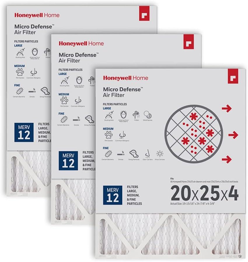 Honeywell Home 20x25x4 MERV 12, AC Furnace Air Filter, 3 PACK (CF200A1016-3PKAM) (Actual Dimensions: 19.9 x 24.9 x 4.38 in.)