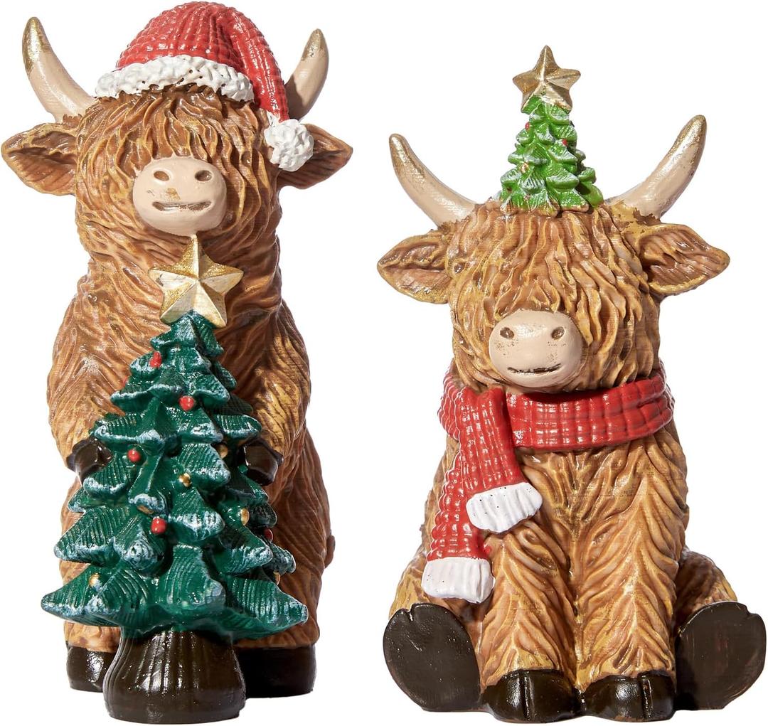 RM ROOMERS Christmas Highland Cow Decor Resin Highland Cow Figurines with Santa Hat Scarf & Tree for Tabletop Shelf Mantel Home Christmas Decoration (Set of 2, 5.39" & 4.48H) (Brown & Red & Green)