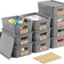 10 Pack Small Plastic Storage Bins with Lids, Stackable Plastic Storage Baskets for Organizing with Handles, Organizer Bins with Labels for Room,Craft,Containers for Pantry Organizers and Storage,Grey
