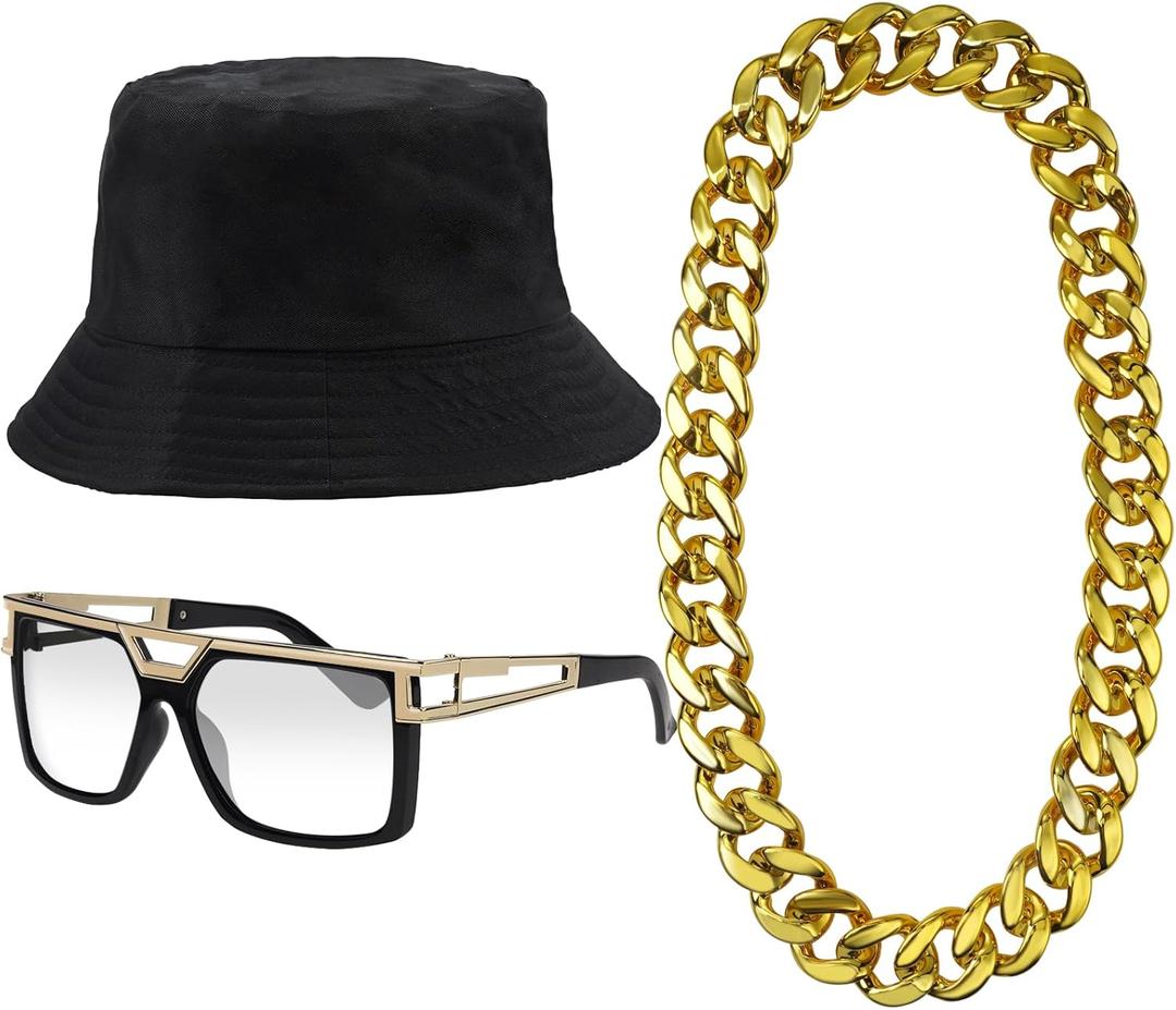 ONUPGO Hip Hop Costume Kit 80s/90s Rapper Accessories Bucket Hat Sunglasses Gold Chain Necklace Outfit for Men Women