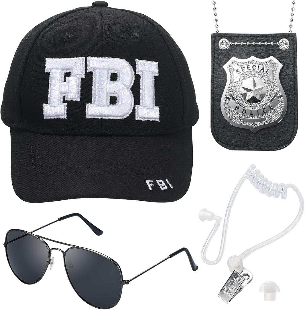 Police Hat, FBI Adjustable Baseball Cap with Cop Badge, Halloween Secret Service Costume Earpiece for Adult Men Women