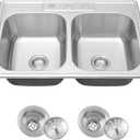 33x22-Inch Drop-in Stainless Steel 50/50 Double Bowl Kitchen Sink with Strainer, Top Mount Double Bowl Kitchen Sinks with 3 holes (33" X 22"X 9")