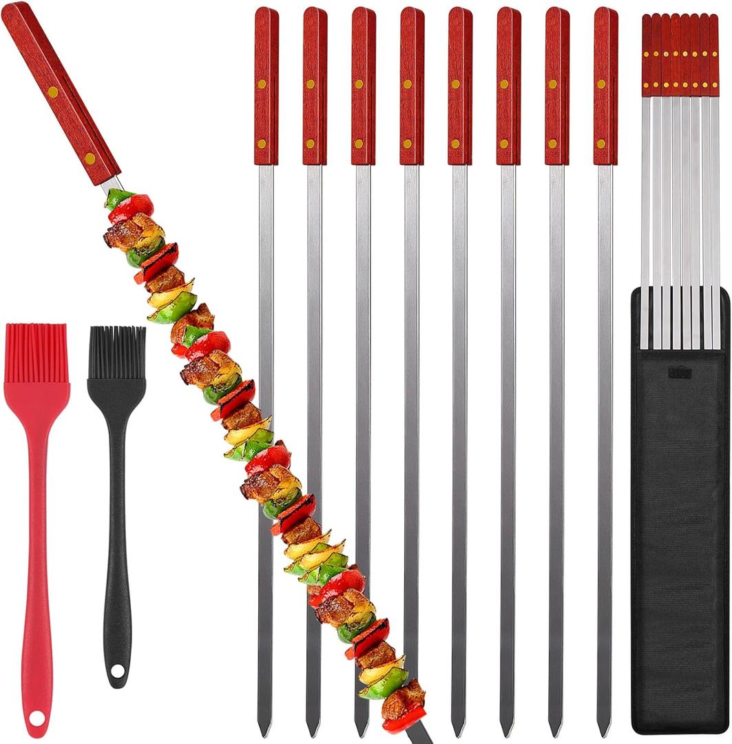 Fengzhe Kabob Skewers,23 Inch Long x 0.5 Inch Wide, Metal Stainless Steel BBQ Skewer with Wooden Handle for Shish Kebab,Turkish Grills,Koubideh,Brazilian BBQ - Durable & Reusable, 8 Set+ 2 Brushes Fengzhe Kabob Skewers,23 Inch Long x 0.5 Inch Wide, Metal Stainless Steel BBQ Skewer with Wooden Handle for Shish Kebab,Turkish Grills,Koubideh,Brazilian BBQ - Durable & Reusable, 8 Set+ 2 Brushes