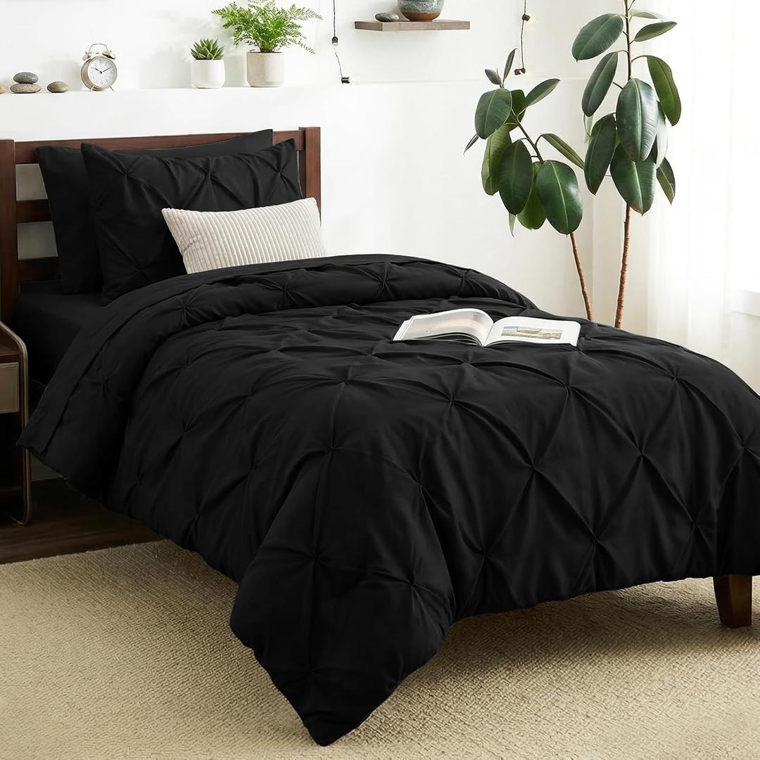 CozyLux Twin Comforter Set with Sheets Black, 5 Pieces Pintuck Bed in A Bag, Twin Bed Set Gift for Family, Pinch Pleat Bedding Set with Comforter, Sheets, Pillowcase & Sham