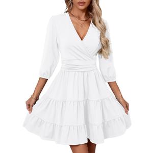 PerZeal Women's Wrap V Neck 3/4 Sleeve Wedding Guest Dress Elastic Waist Tiered Belted Ruffle Hem Mini Dress (X-Large)