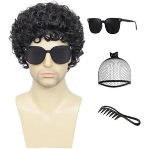 Airhostess Mens Short Afro Curly Wig for Male,70s 80s Disco Guy Rocker，Halloween Cosplay Fancy Wigs for Daily Party Costume (black)