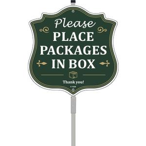 Package Deliveries Sign Please Place Packages In Box Signs Delivery Instructions Sign 10" x 10" With 28" Long Metal Stakes Aluminum Leave Box Signal