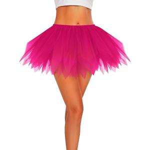 Tulle Tutu Skirt Shredded for Women Teens Short Layered Ballet Petticoat Elastic Waist Halloween Costume 80s Party Cosplay (Pink)