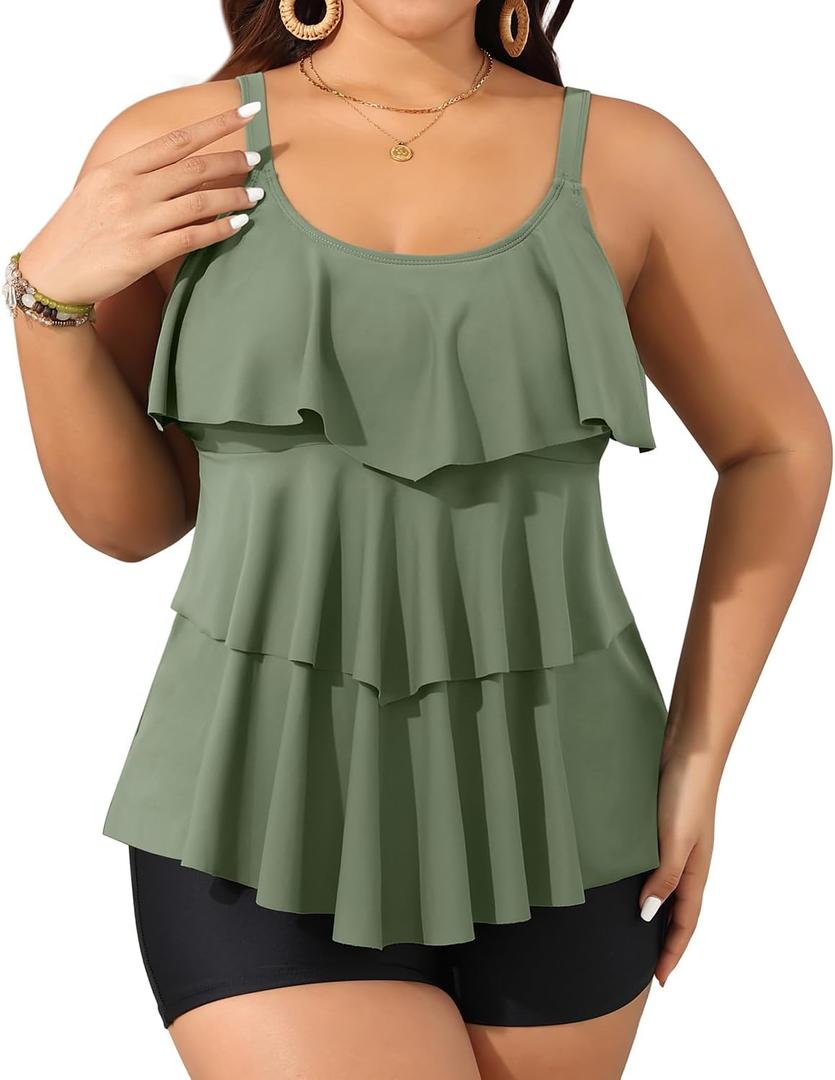Yonique Women's Plus Size Tankini Swimsuits with Shorts Two Piece Bathing Suits Ruffle Swimsuits Tummy Control Swimwear (Army Green), 18 W 